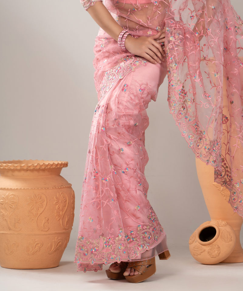 Imported Soft Organza Pink Party Saree With Gorgeous Blouse Piece - Image 4