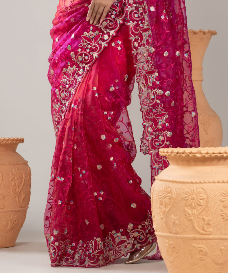 Imported Soft Organza Rani Pink Party Saree With Gorgeous Blouse Piece - Image 4