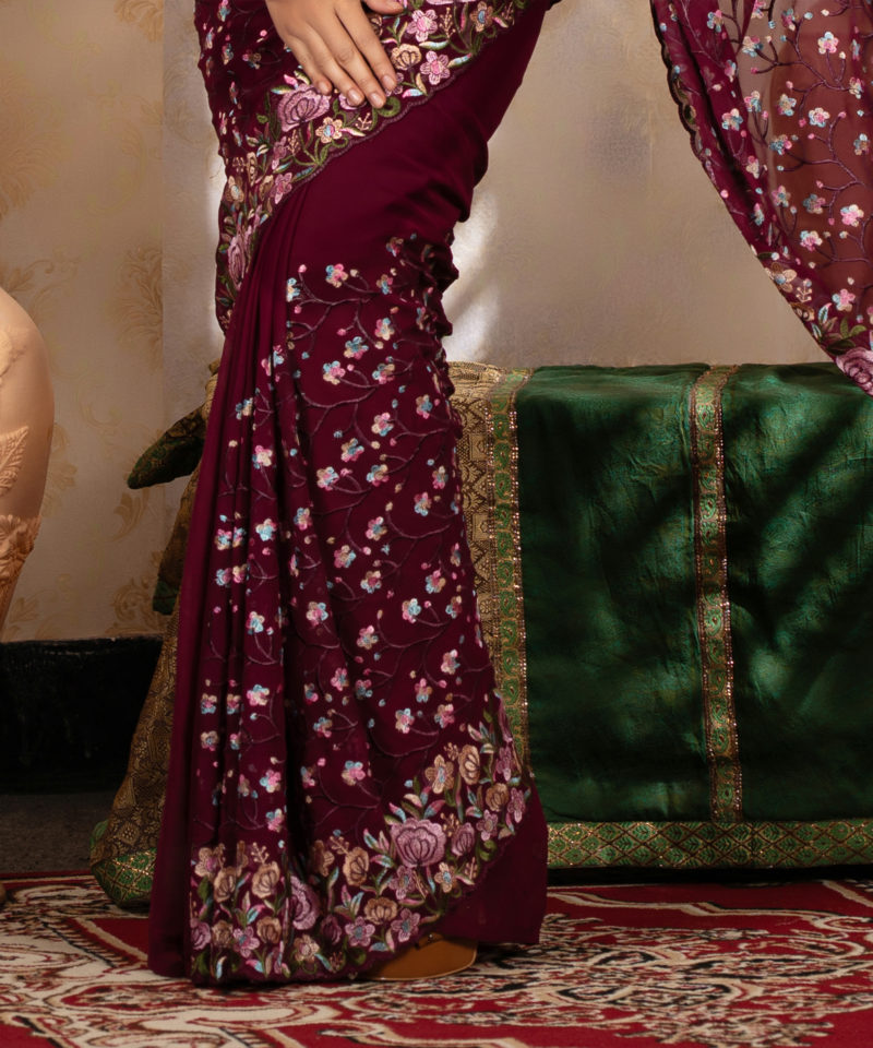 Imported Soft Georgette Gorgeous Deep Purple Party Saree With Blouse Piece - Image 3