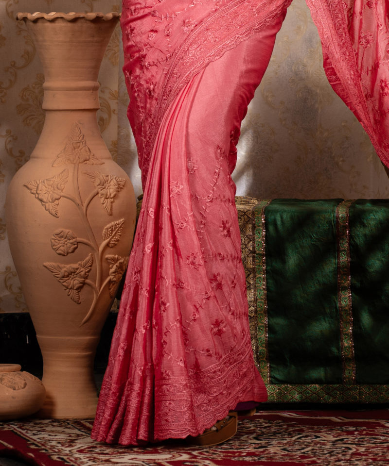 Imported Soft Weightless Chinigura Silk Fabric Pink Embroidery Party Saree With Blouse Piece - Image 2