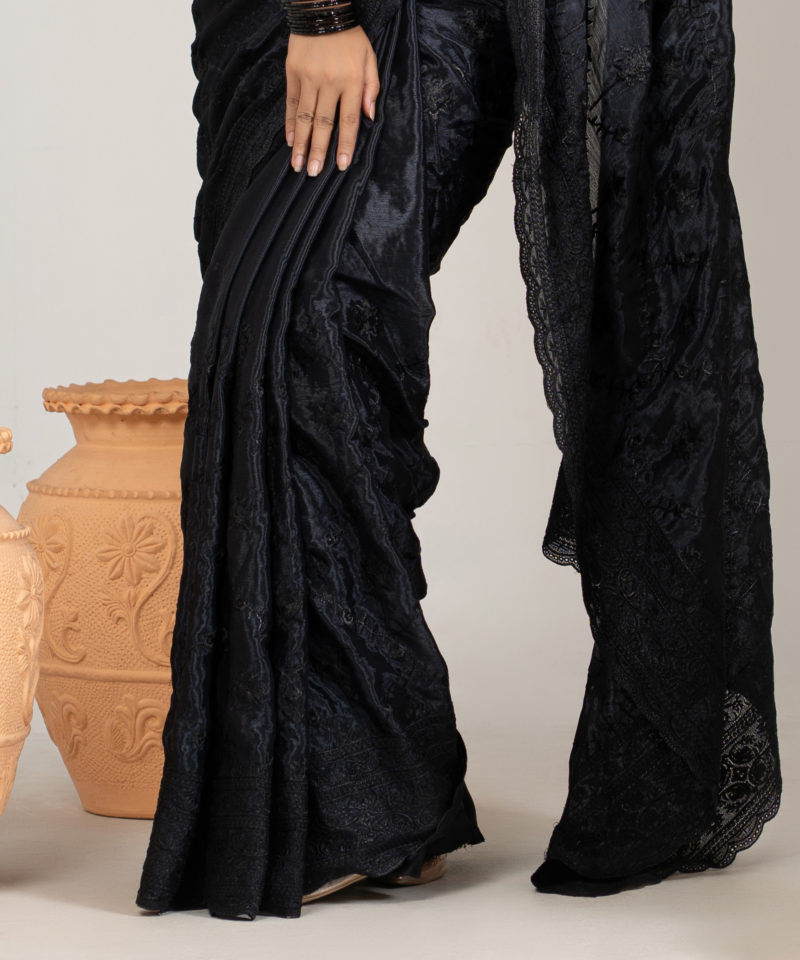 Imported Soft Weightless Chinigura Silk Fabric Black Embroidery Party Saree With Blouse Piece - Image 3