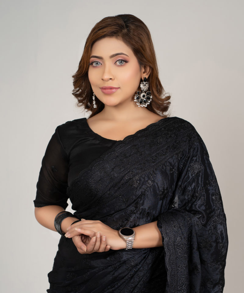 Imported Soft Weightless Chinigura Silk Fabric Black Embroidery Party Saree With Blouse Piece - Image 4