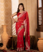 Imported Soft Weightless Georgette Fabric Red Embroidery Party Saree With Blouse Piece