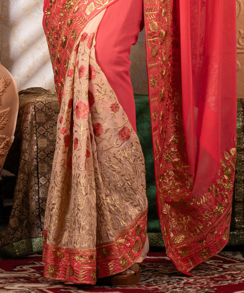 Imported Soft Weightless Georgette Fabric Coral Pink Embroidery Party Saree With Blouse Piece - Image 3