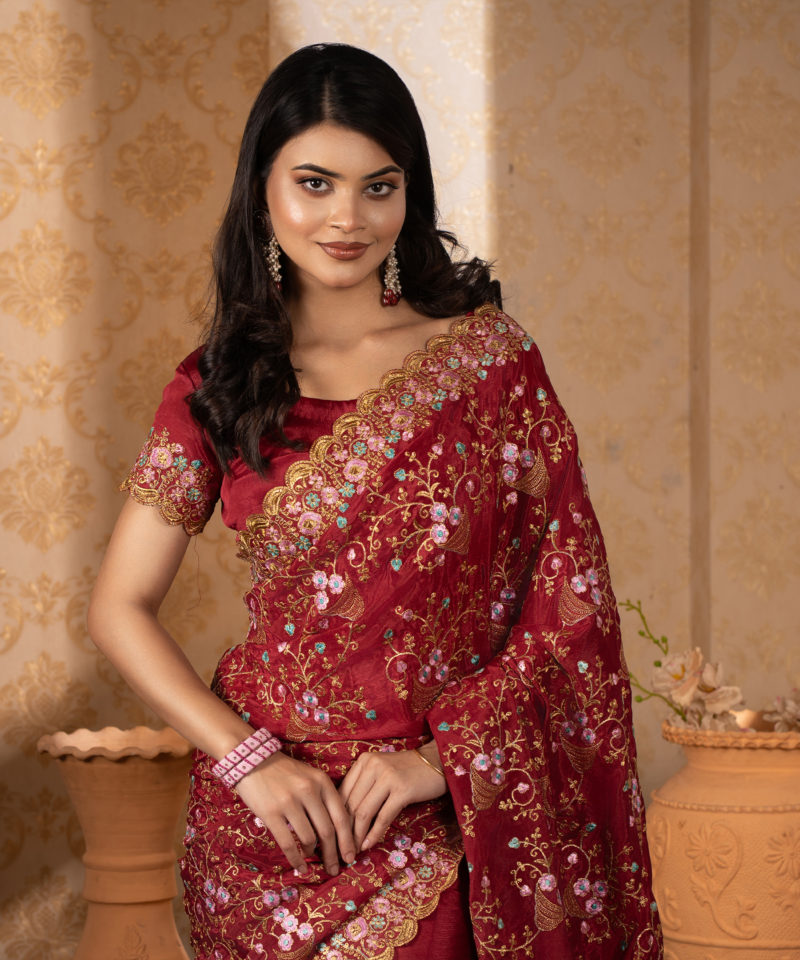 Imported Soft Weightless Chinigura Silk Fabric Maroon Embroidery Party Saree With Blouse Piece - Image 3