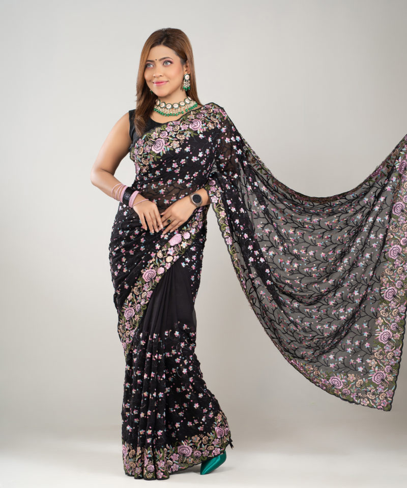 Imported Soft Georgette Gorgeous Black Party Saree With Blouse Piece - Image 2